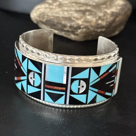 Zuni Turquoise Inlay Sterling Silver Cuff Bracelet Native Indian Handmade - Picture 9 of 10